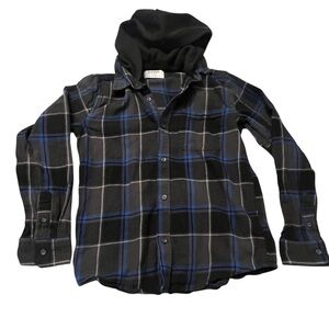 Boys Old Navy Plaid Hooded Flannel Shirt XL Black Blue